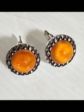 Vintage Silvertone & Amber Colored Jewelry Glass Cufflinks Soviet Era